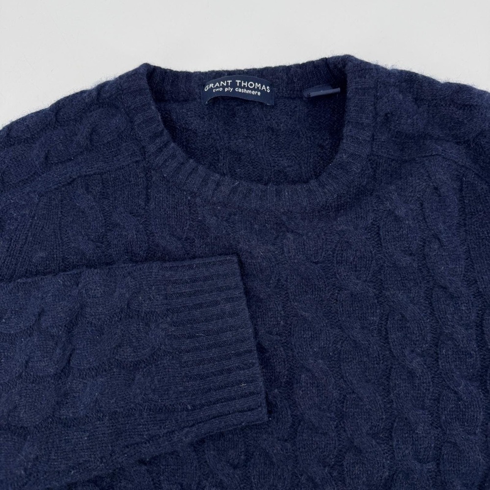 VTG Grant Thomas Navy Blue 100% Cashmere Cable Knit Crewneck Sweater Mens Small
